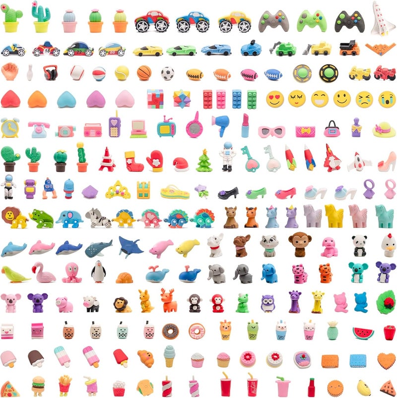 Clock King 210pcs 3D Cute Kids Erasers, Random Desktop Pet Toys Gifts, Classroom Rewards Kids Party Gifts, Various Styles Such as Animals, Food, Plants, Space, Princess, Sports, Halloween, Christmas - Image 1